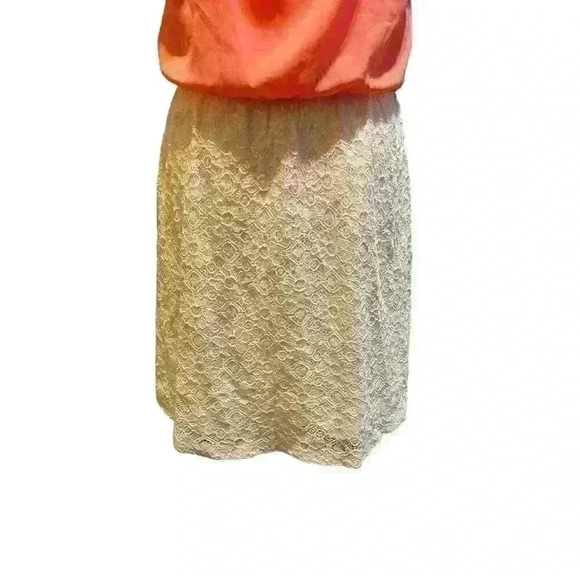 IZ Byer Women's Large V-Neck Coral Pink Flowy Dress with Lace Bottom Sleeveless - Picture 5 of 9